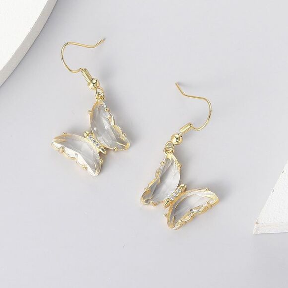 CZ Butterfly Glass Drop Dangle Earrings 925 Sterling Silver Post CZ Gold Plated - Picture 2 of 4